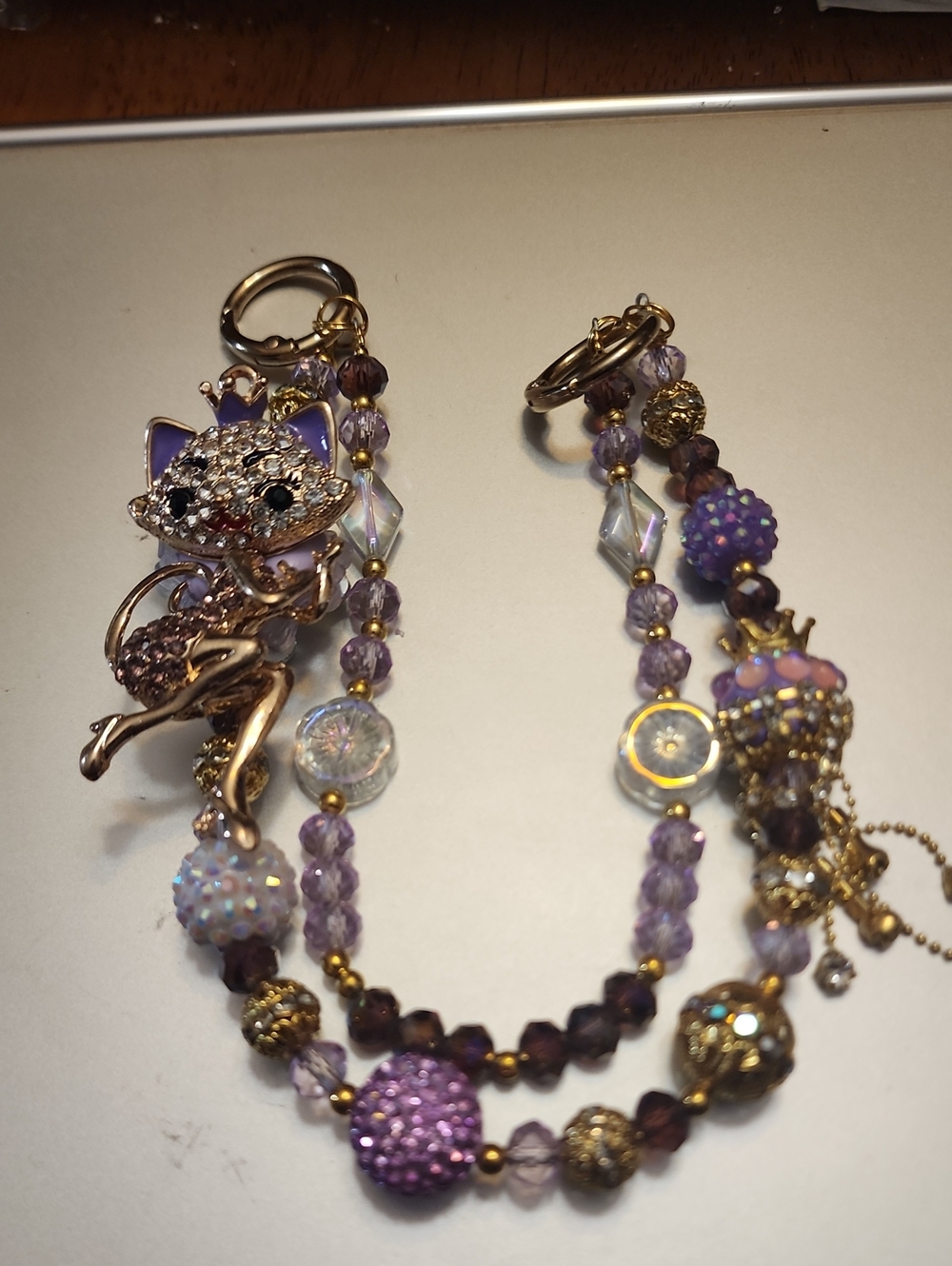 Purple Crystal Cat Purse Charm- Gold Accent Women